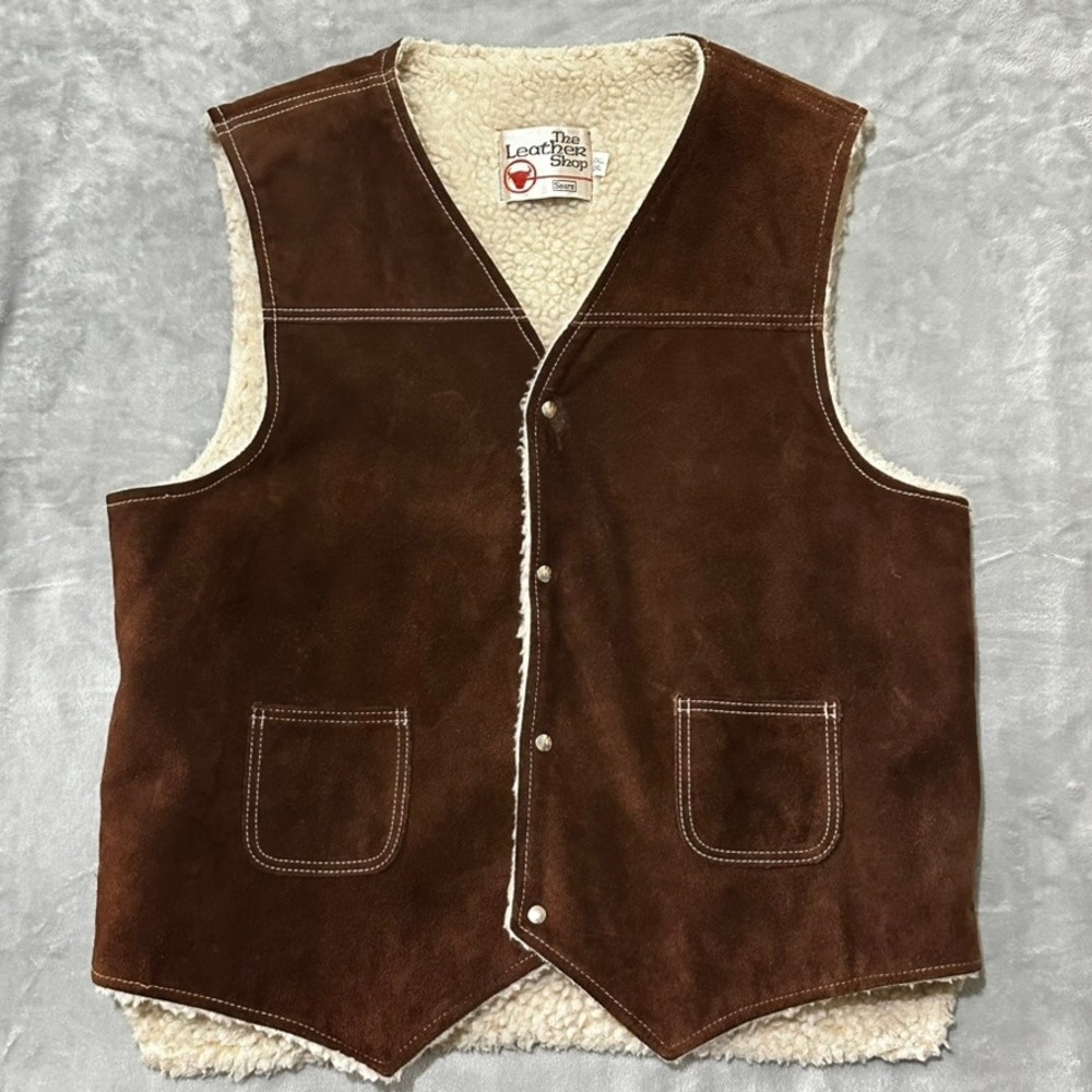 Vintage Sears The Leather Shop Brown Suede Sherpa Lined Western Vest Mens 2XLT